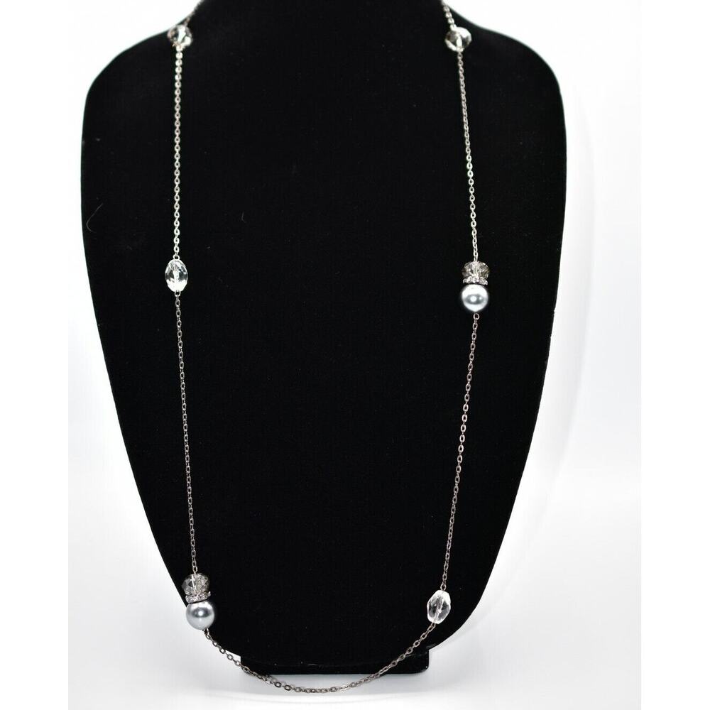 Vintage Crystal Pearl Beaded Necklace Station Chain Crystal Gunmetal Gray Bin3